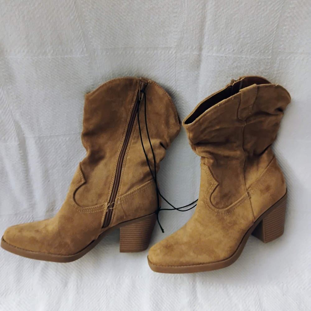 Tan Heeled Boots with Chunky Stacked Heel